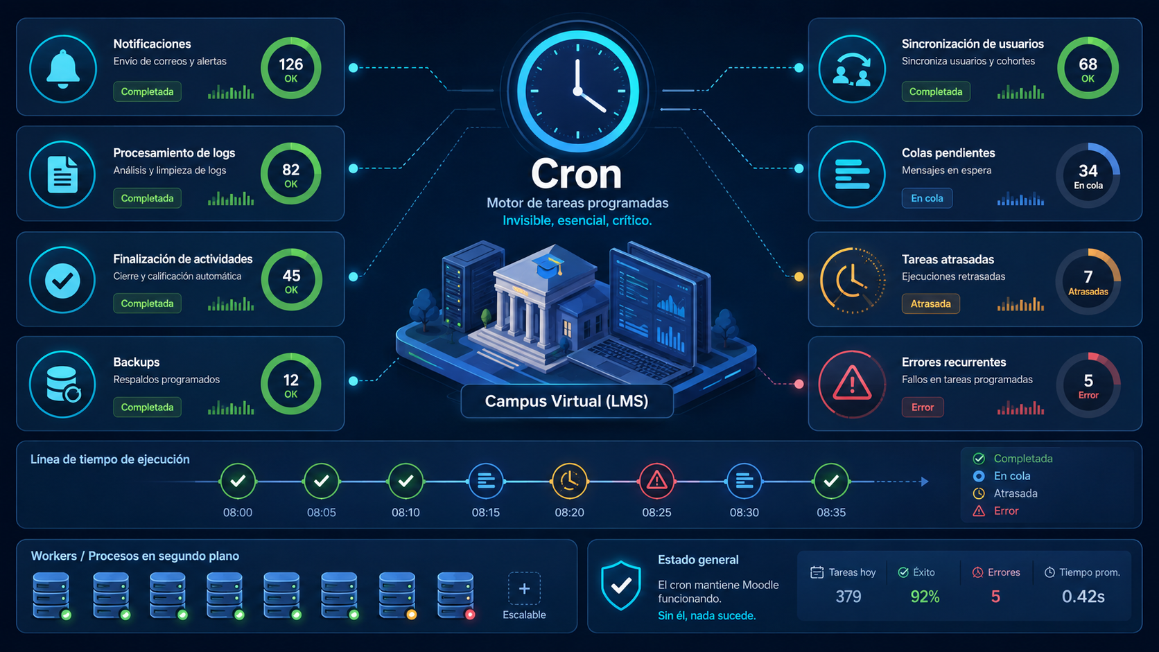 Auditoría Moodle del cron y tareas programadas con notificaciones, backups y sincronizaciones