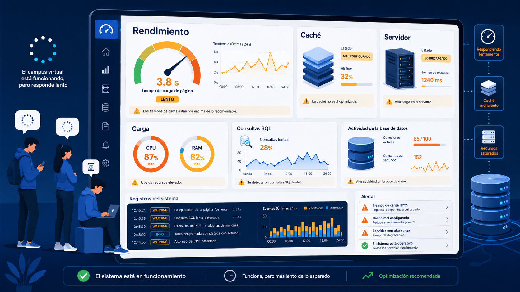 Auditoría Moodle de rendimiento con dashboard lento, caché mal configurada y servidor sobrecargado
