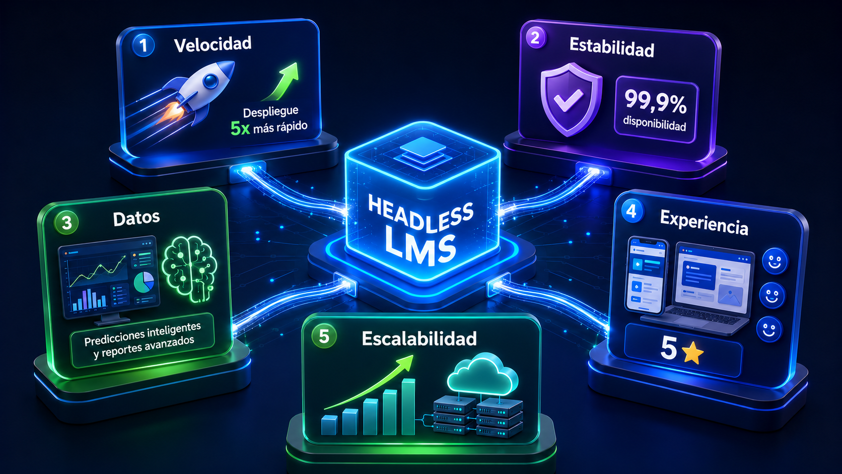 Infografía de ventajas Headless LMS mostrando velocidad de innovación, estabilidad del núcleo, escalabilidad, mejor experiencia de usuario y reducción de costes técnicos