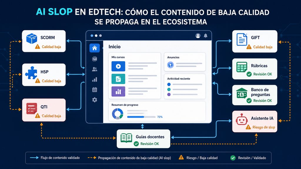 Ecosistema EdTech con SCORM, H5P, QTI, GIFT, rúbricas, banco de preguntas y asistentes IA conectados a un LMS.