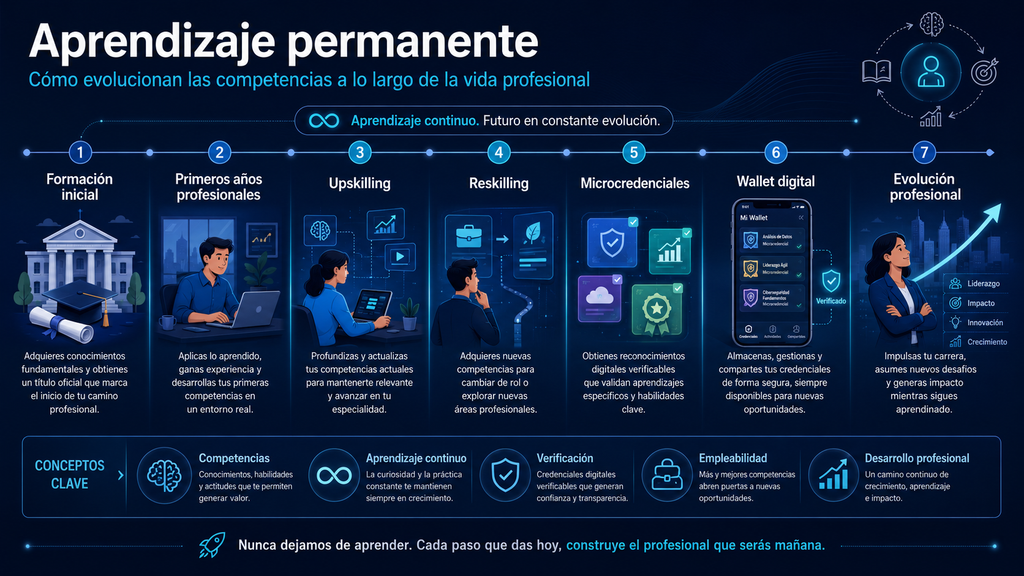 Línea temporal de aprendizaje permanente con reskilling y upskilling