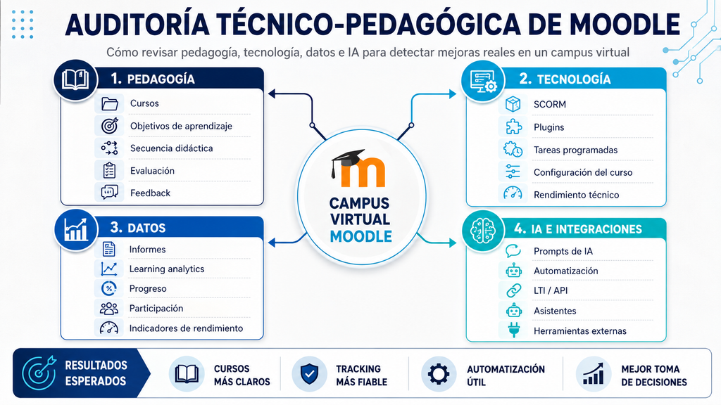 Auditoría técnico-pedagógica de Moodle para revisar cursos, SCORM, informes, IA y automatizaciones