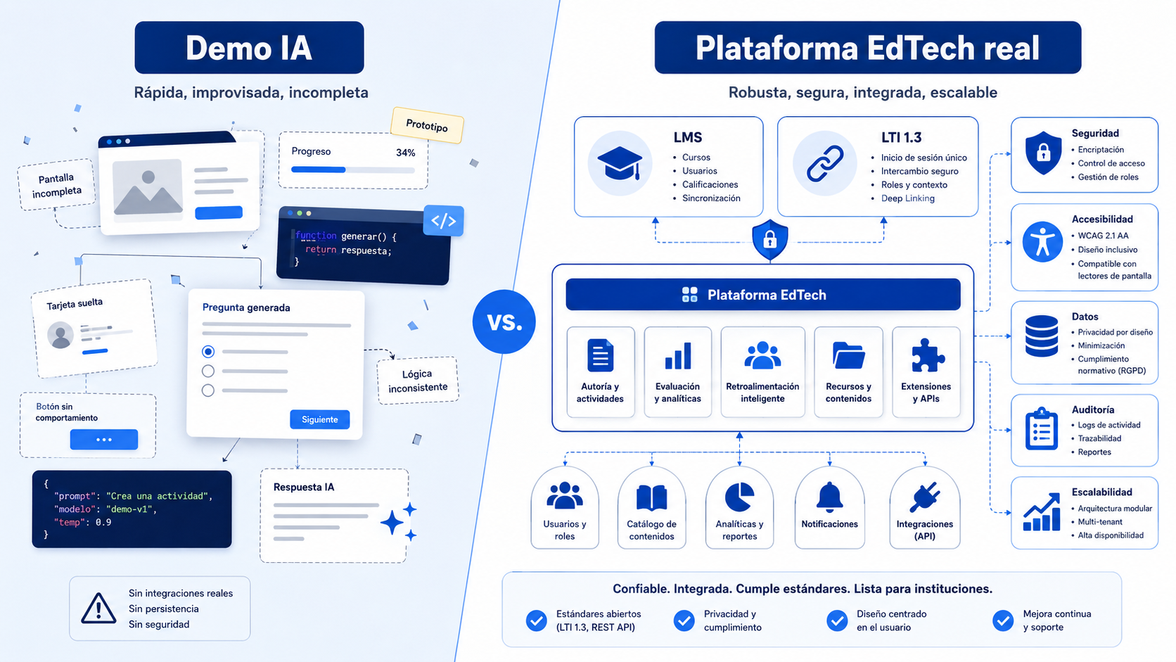 Comparación entre una demo generada con IA y una plataforma EdTech con IA preparada para LMS, seguridad, accesibilidad y datos académicos.