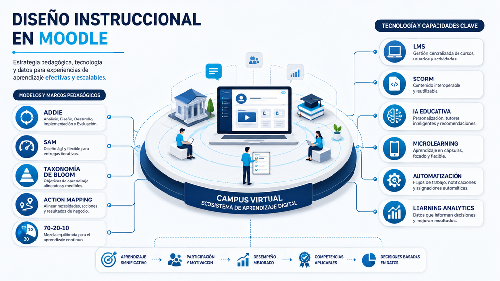 Diseño instruccional en Moodle con frameworks ADDIE, SAM, Bloom y Action Mapping aplicados a campus virtuales.