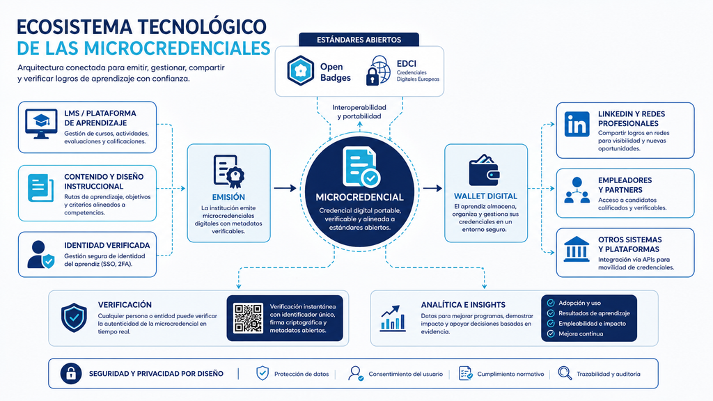 Ecosistema EdTech con LMS Open Badges wallet digital y verificación