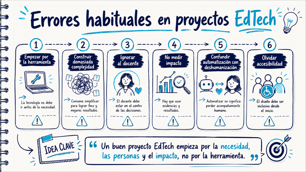 Checklist visual de errores habituales en proyectos digitales educativos con foco en usuarios, impacto y accesibilidad