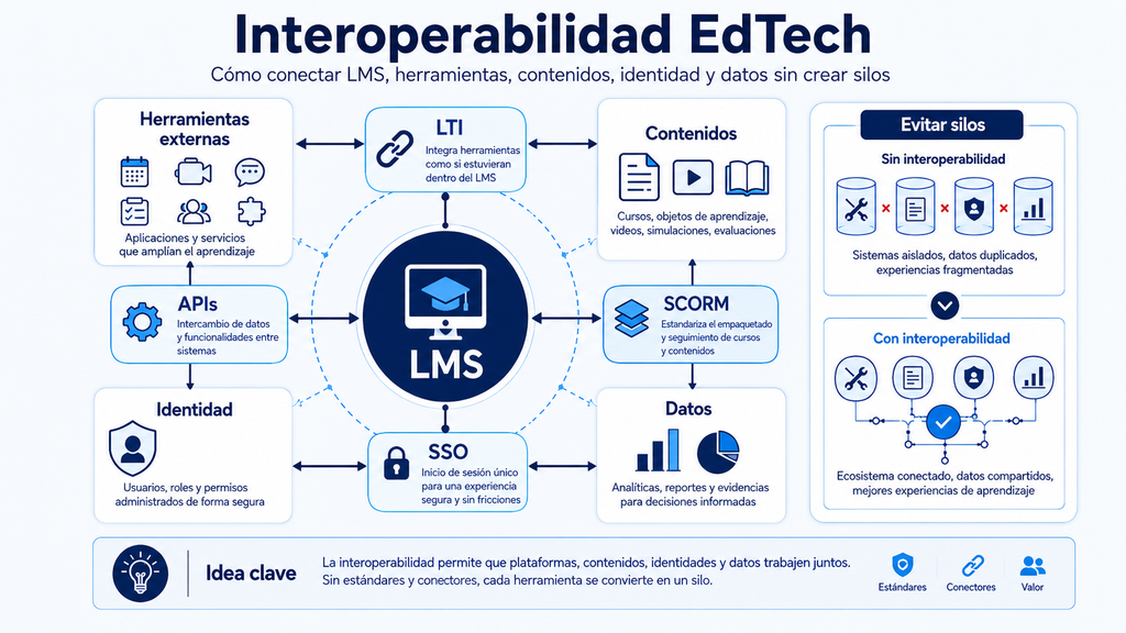 Mapa de interoperabilidad con SCORM, xAPI, LTI, APIs y SSO conectando plataformas, contenidos, identidad y datos