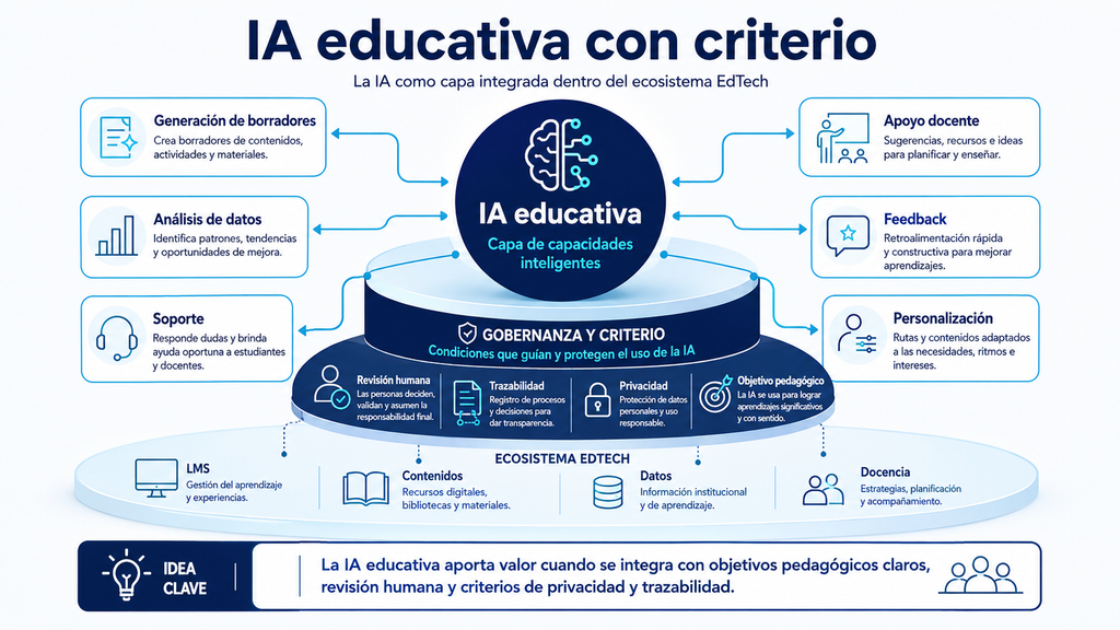 Diagrama de IA educativa con revisión humana, privacidad, trazabilidad, soporte, feedback y personalización