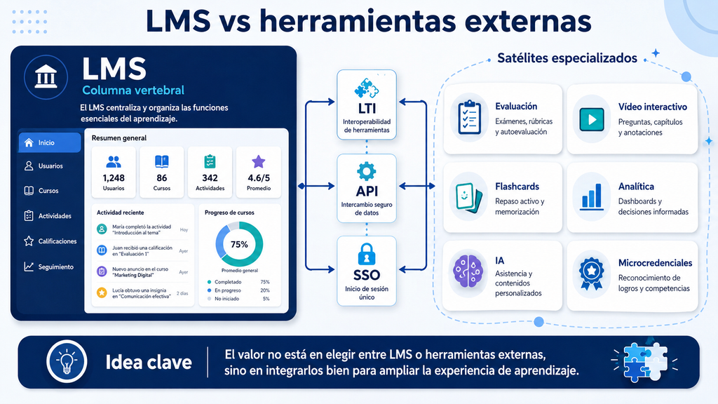 Comparativa entre LMS como columna vertebral y herramientas externas conectadas mediante LTI, API y SSO