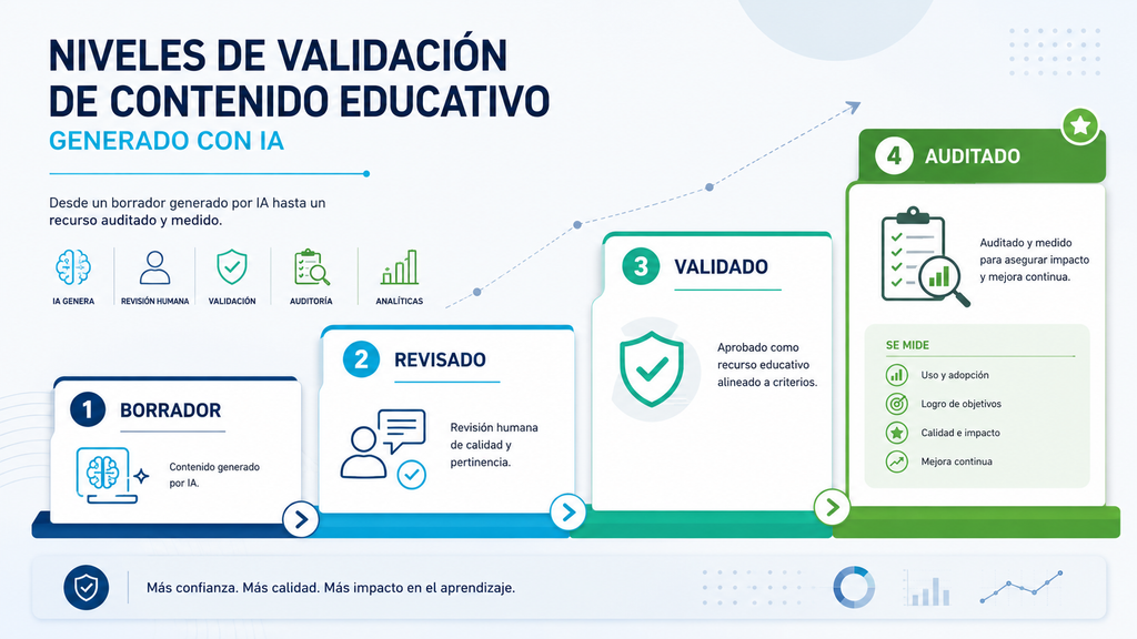 Niveles de validación de contenido educativo generado con IA: borrador, revisado, validado y auditado.
