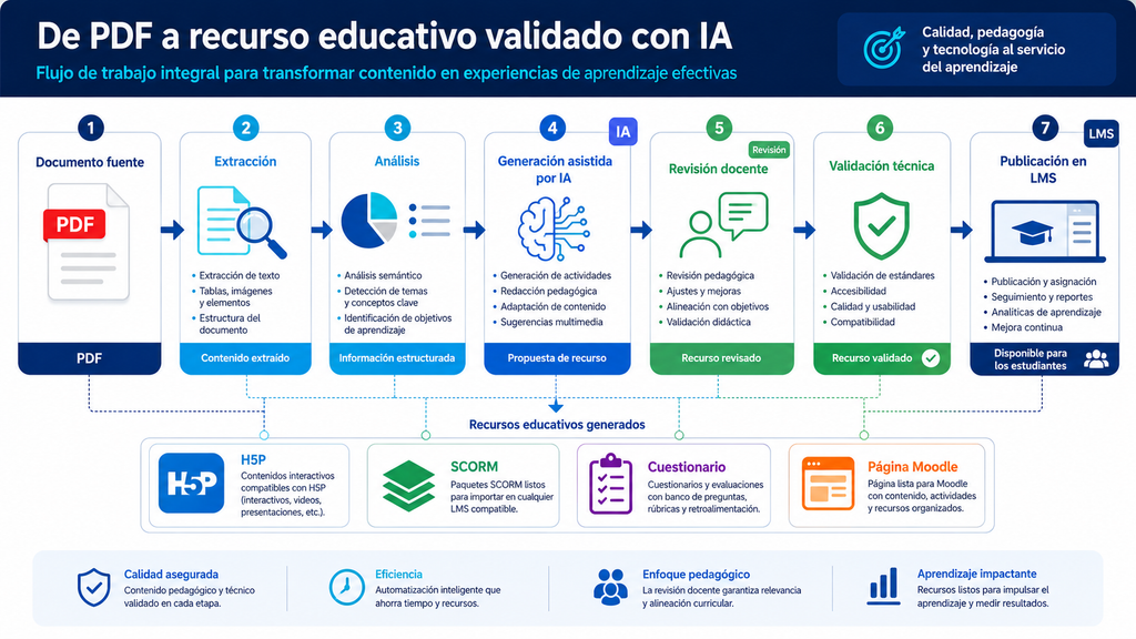 Transformación de un PDF en H5P, SCORM, cuestionario y página Moodle mediante un proceso de revisión y validación.