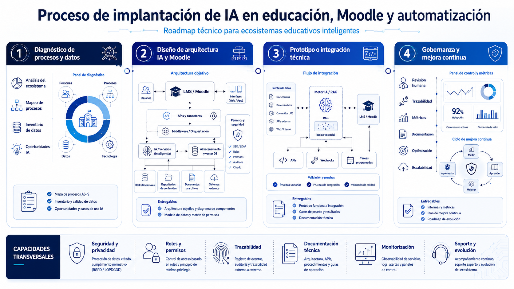 Proceso de IA educación Moodle automatización desde diagnóstico hasta arquitectura, prototipo, integración y mejora continua