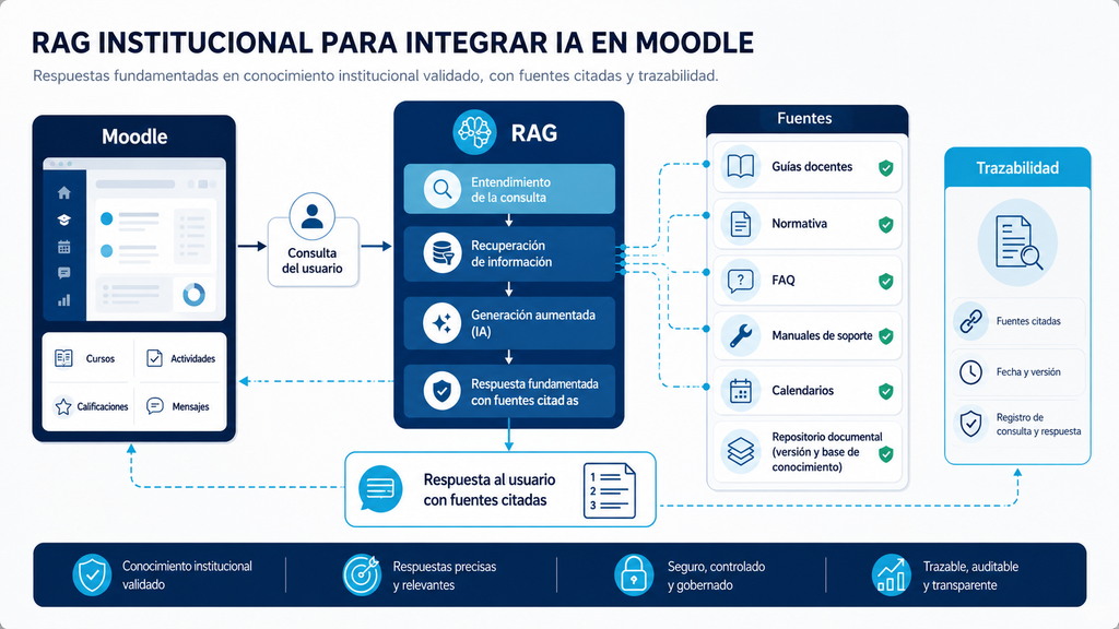 RAG institucional con fuentes validadas, guías docentes, normativa académica, base de conocimiento, FAQ y trazabilidad de respuestas