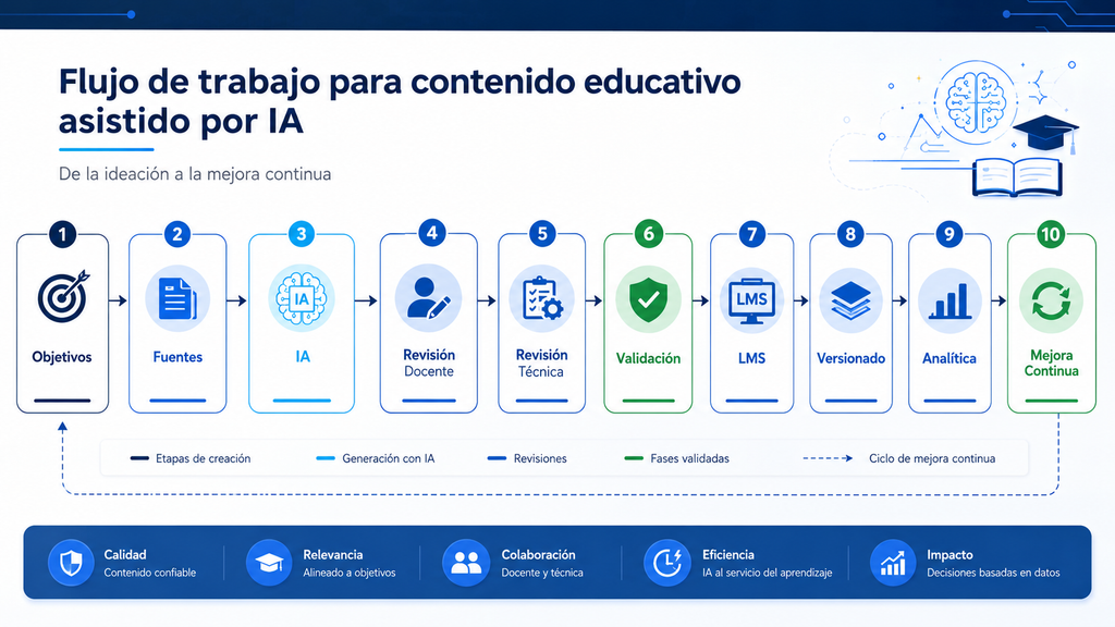 Flujo de generación, revisión, validación, publicación y mejora continua de contenidos educativos asistidos por IA.