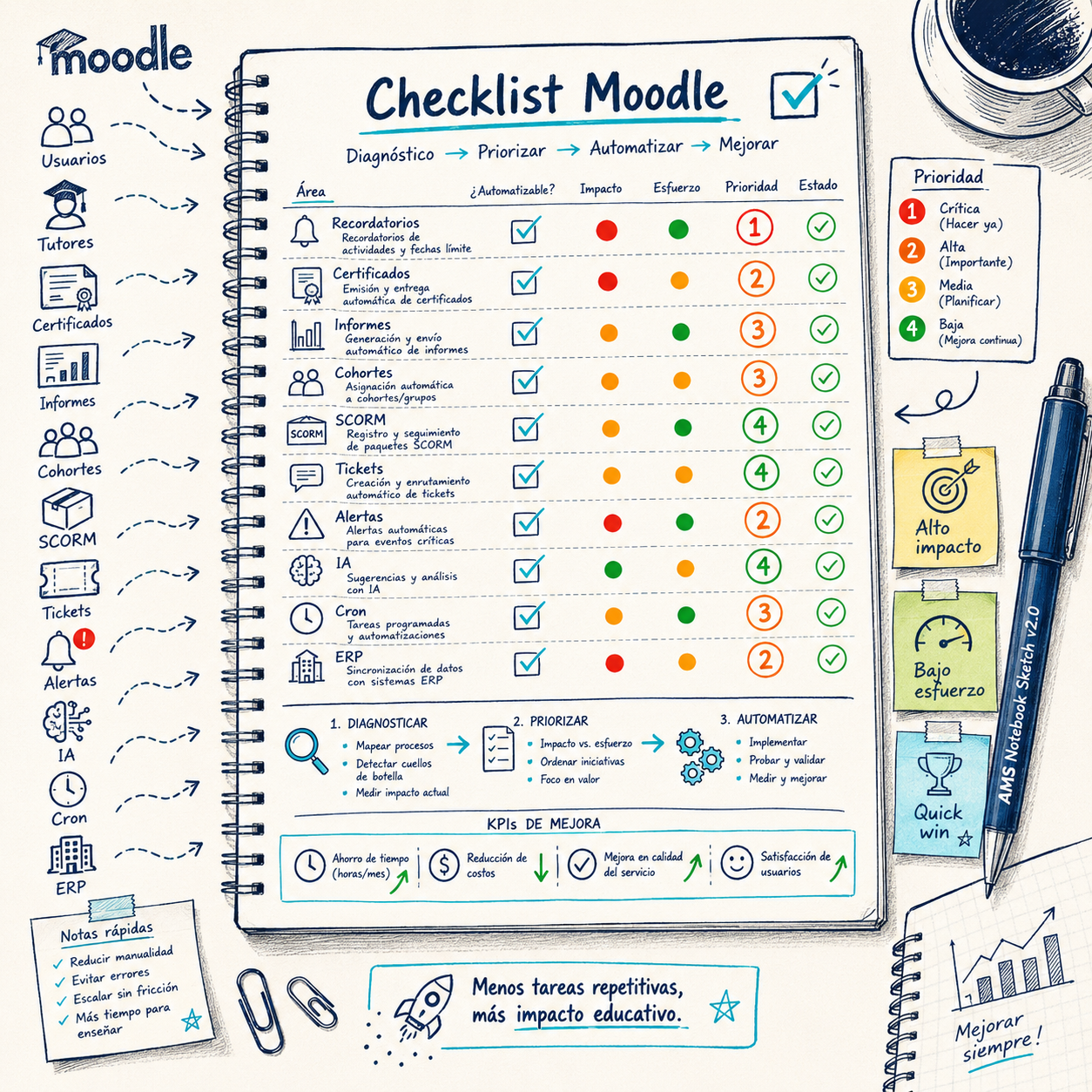 Checklist de tareas repetitivas, alertas, informes e integraciones del campus virtual