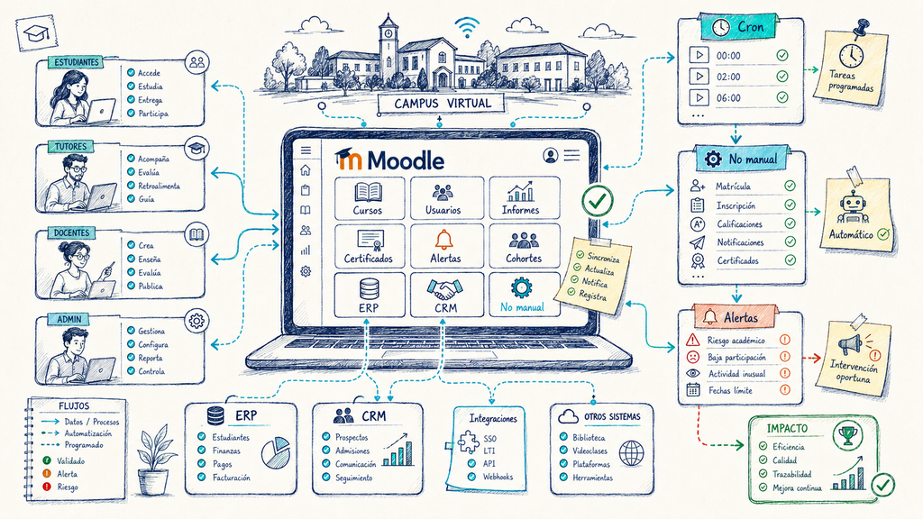 Automatización Moodle para reducir tareas manuales y conectar procesos del campus virtual