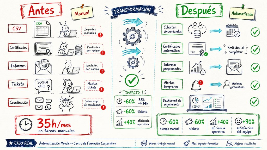 Comparativa antes y después de reducir tareas manuales en un centro de formación