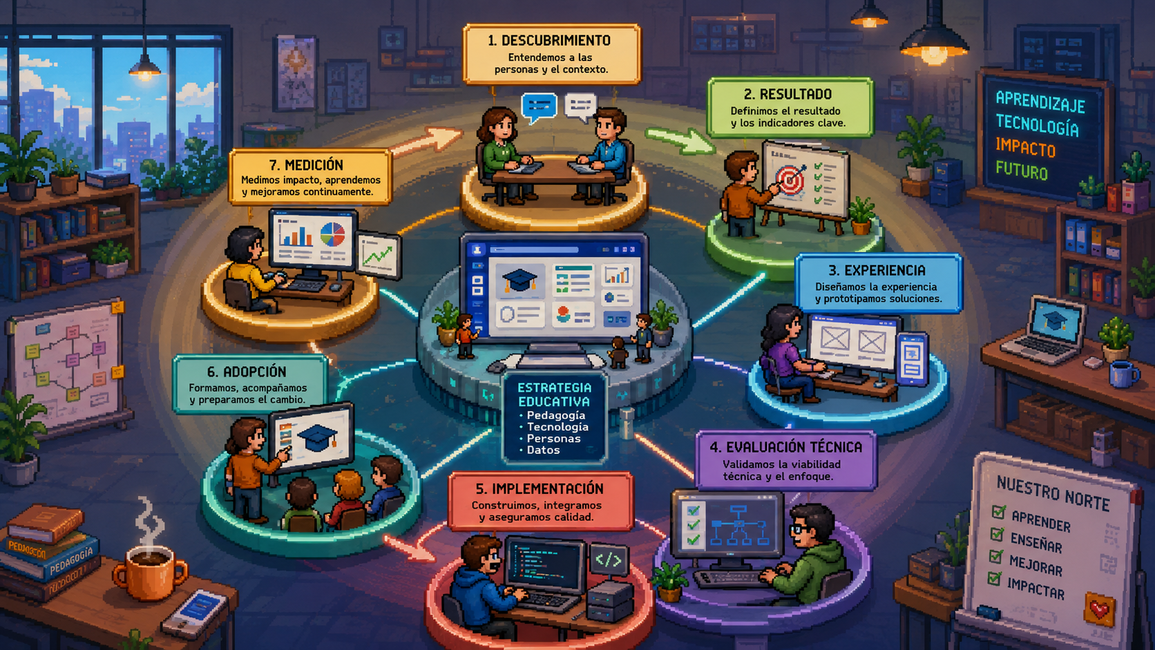 Ciclo de producto EdTech en siete fases para descubrir, diseñar, desarrollar, adoptar y medir