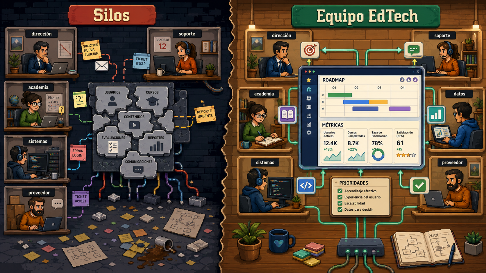 Equipo EdTech: comparación entre departamentos aislados y colaboración alrededor de un producto educativo