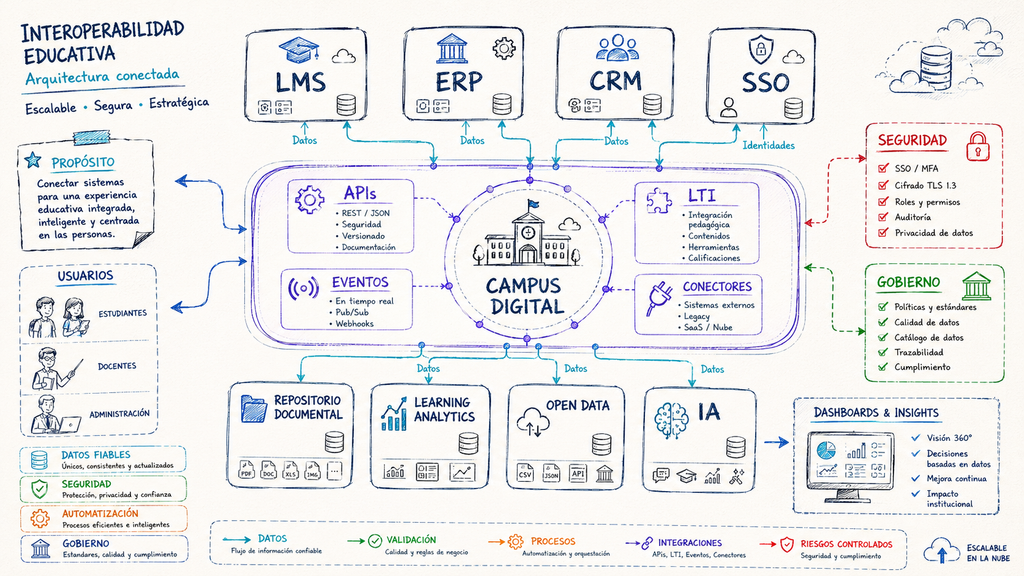 Ilustración tipo notebook sketch de un campus digital interoperable que conecta LMS, ERP, CRM, SSO, repositorio documental, Learning Analytics, IA educativa y Open Data mediante una capa de integración.