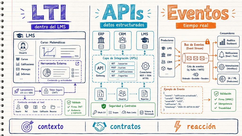 Comparativa visual de LTI, APIs y eventos en integraciones educativas