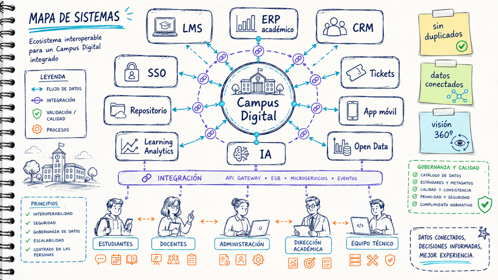 Mapa de sistemas de un campus digital interoperable con LMS, ERP, CRM, SSO, analítica e IA
