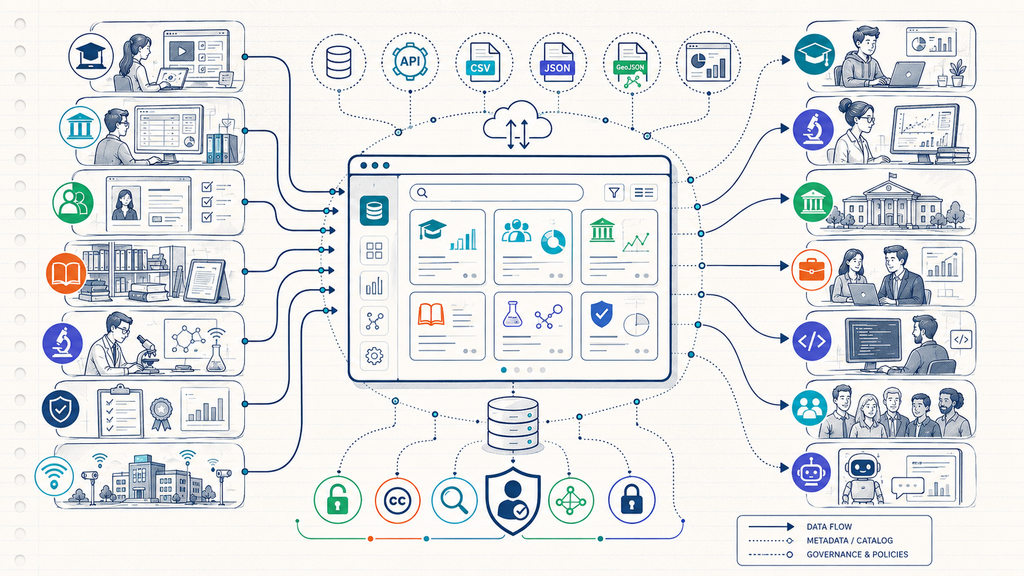 Ecosistema de Open Data conectando sistemas educativos, portal de datos, ciudadanía, investigadores, empresas e Inteligencia Artificial