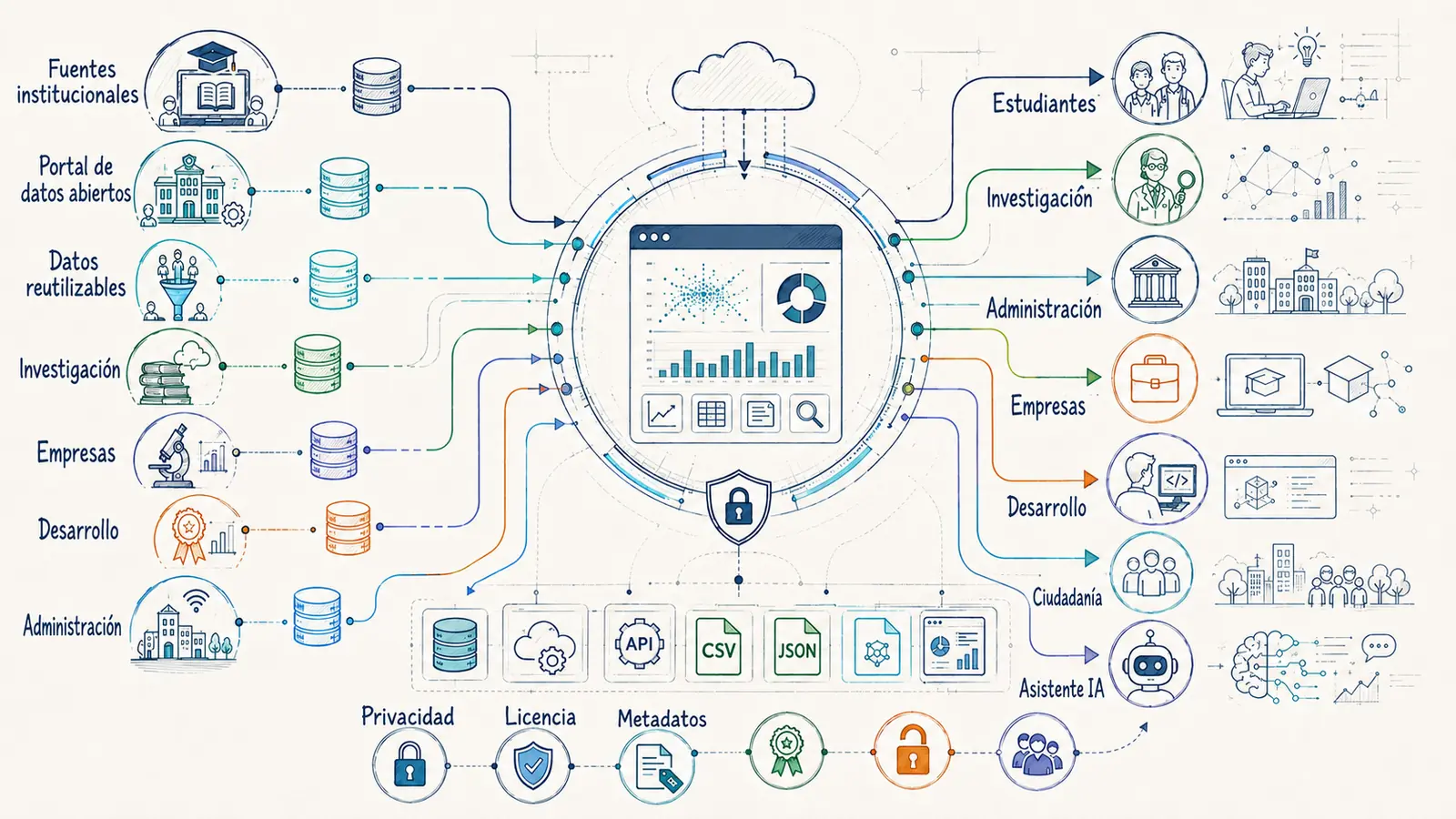 Ecosistema de Open Data conectando sistemas educativos, portal de datos, ciudadanía, investigadores, empresas e Inteligencia Artificial