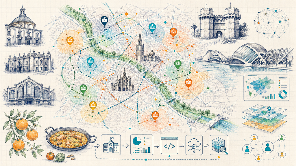 Mapa abstracto de centros educativos y capas de datos abiertos en València