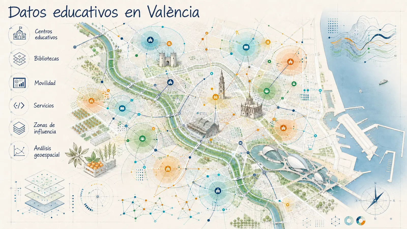 Mapa abstracto de centros educativos y capas de datos abiertos en València