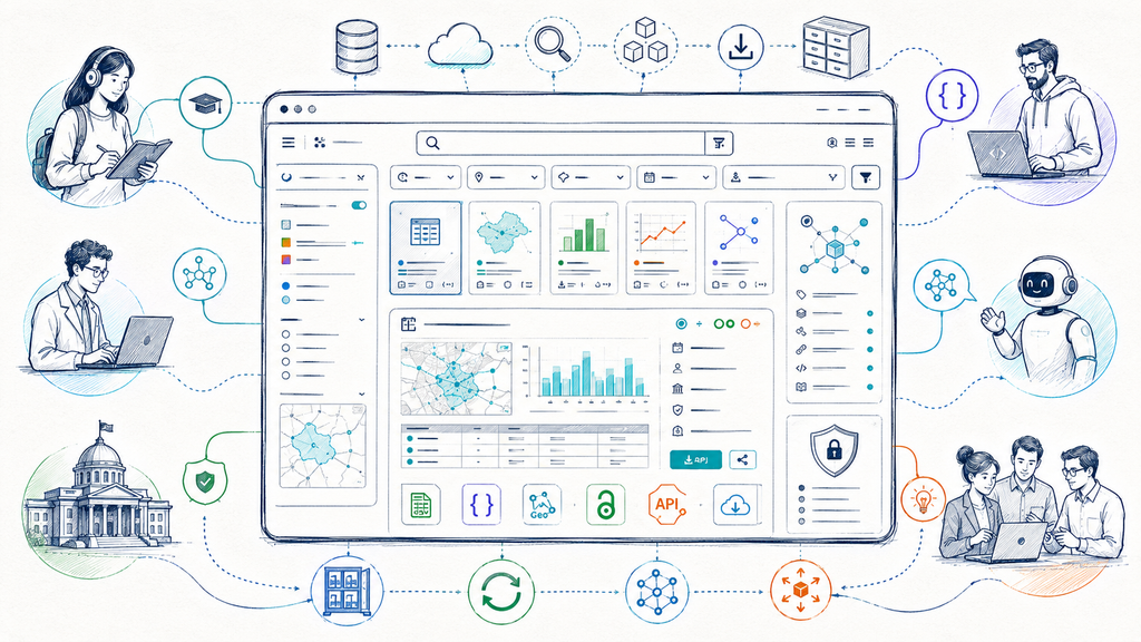 Portal Open Data educativo con catálogo de datasets, buscador, APIs, metadatos y documentación