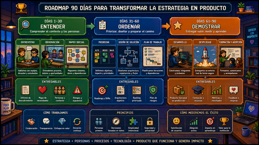 Roadmap de 90 días dividido en entender, ordenar y demostrar