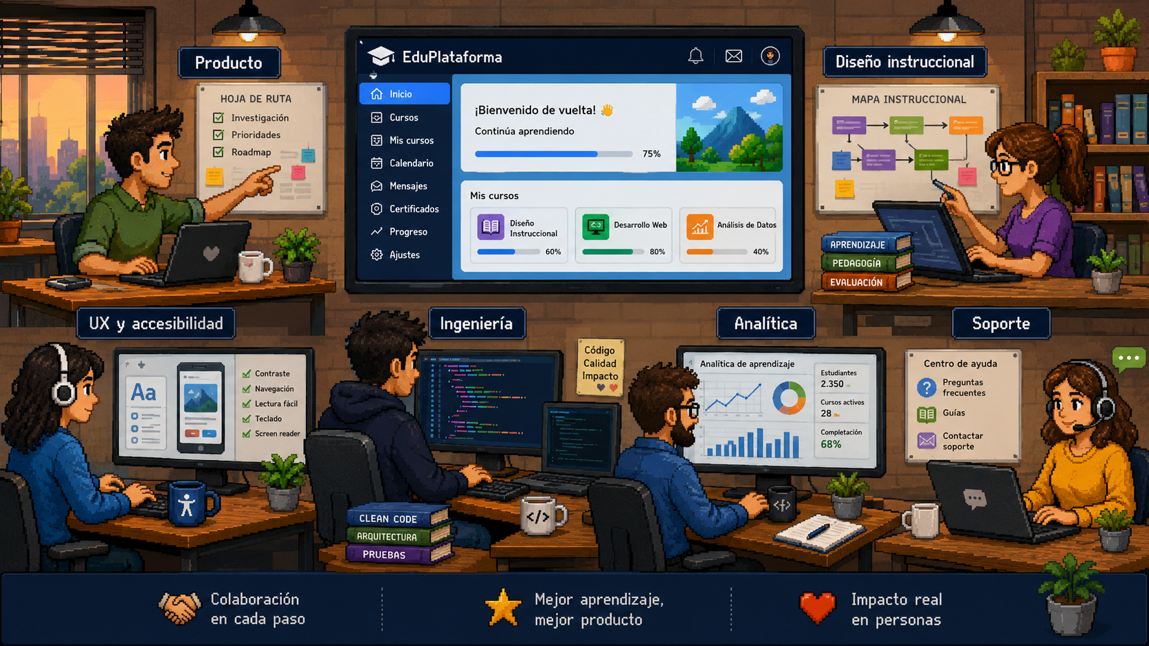 Seis capacidades esenciales de un equipo EdTech coordinadas alrededor de una plataforma de aprendizaje