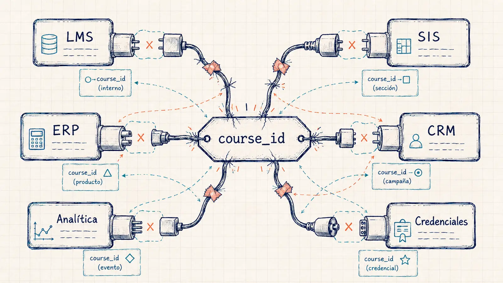 Un identificador de curso conectado de forma problemática con LMS, SIS, ERP, CRM, analítica y credenciales.