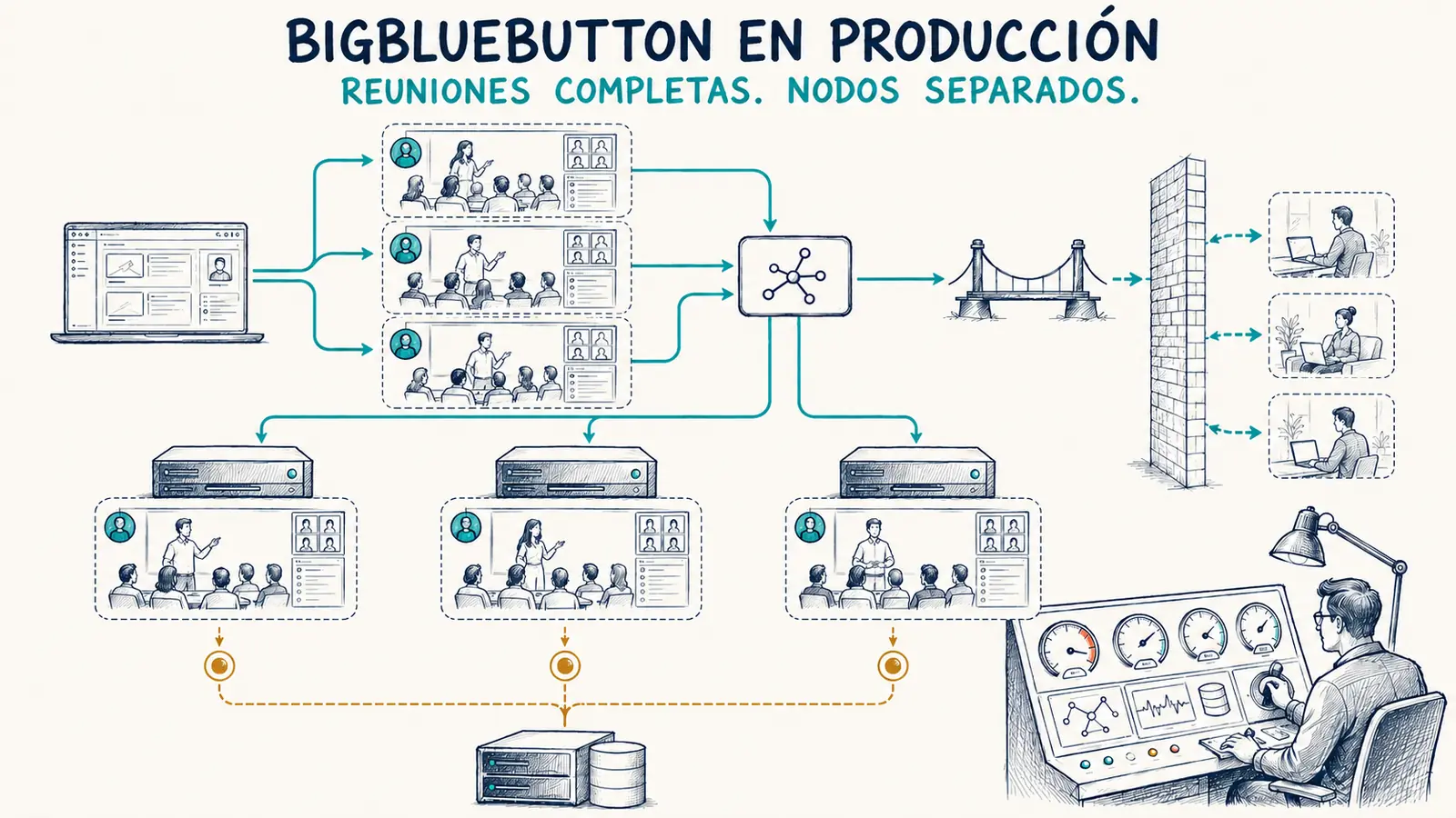 Arquitectura de producción con varios nodos BigBlueButton, TURN, grabaciones y monitorización