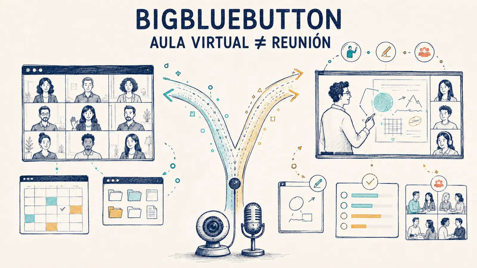 Comparación conceptual entre una reunión corporativa y un aula virtual BigBlueButton
