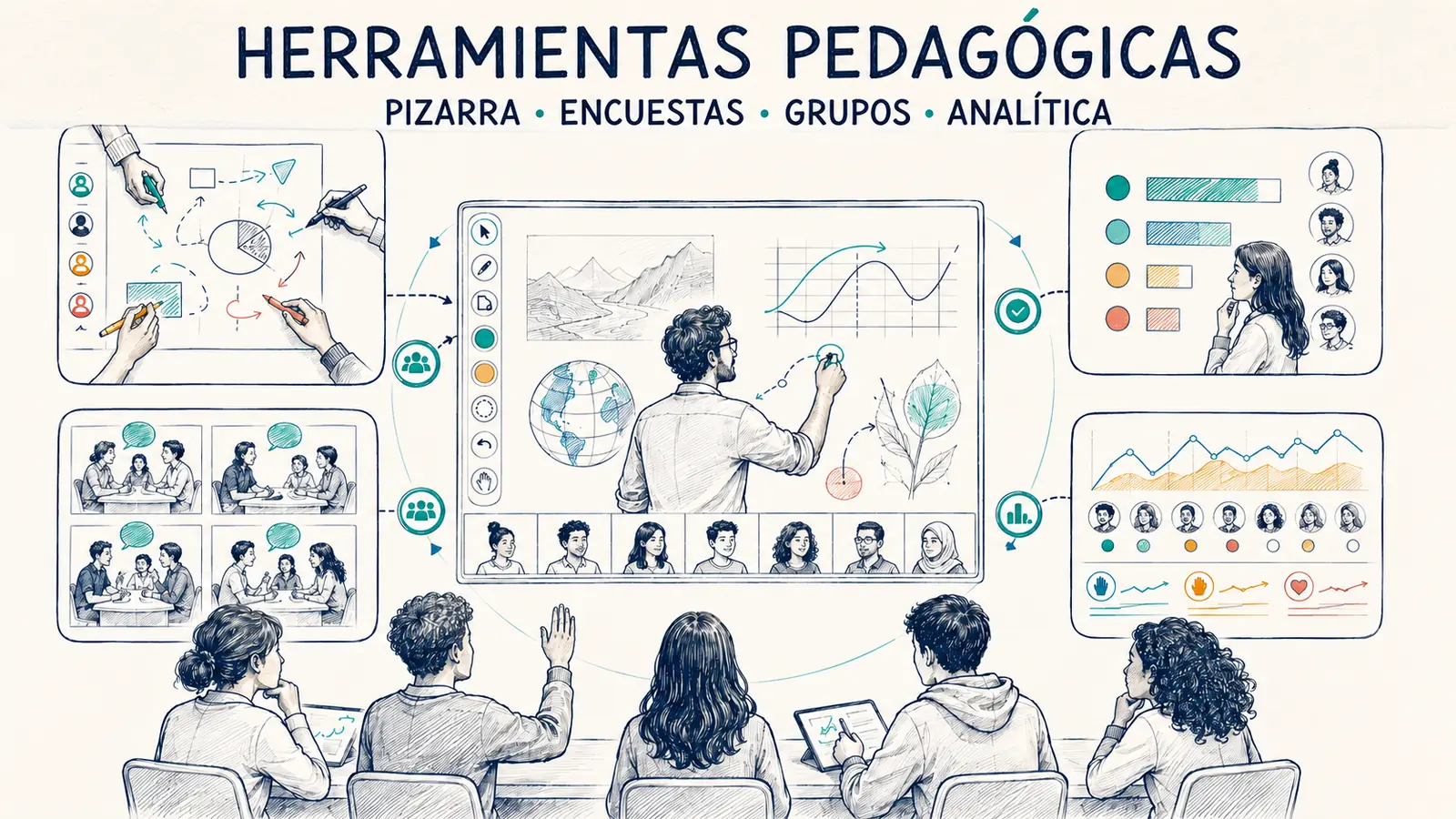 Herramientas pedagógicas de BigBlueButton: pizarra, encuestas, grupos y analítica