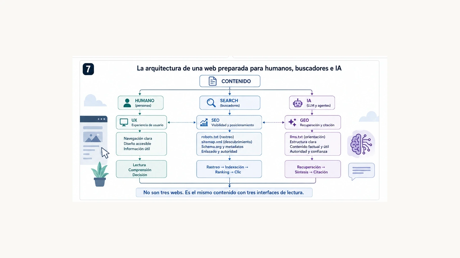 Arquitectura conceptual de una web con interfaces para humanos, buscadores e inteligencia artificial.