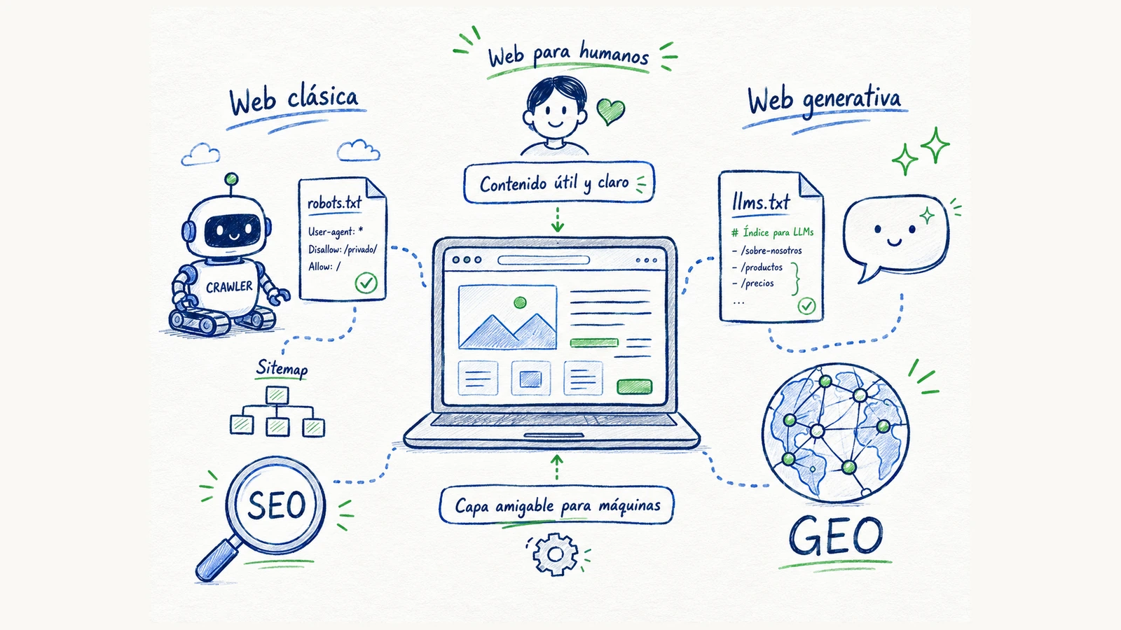 Diagrama editorial sobre una web preparada para personas, buscadores e inteligencia artificial mediante SEO, robots.txt, llms.txt y GEO.