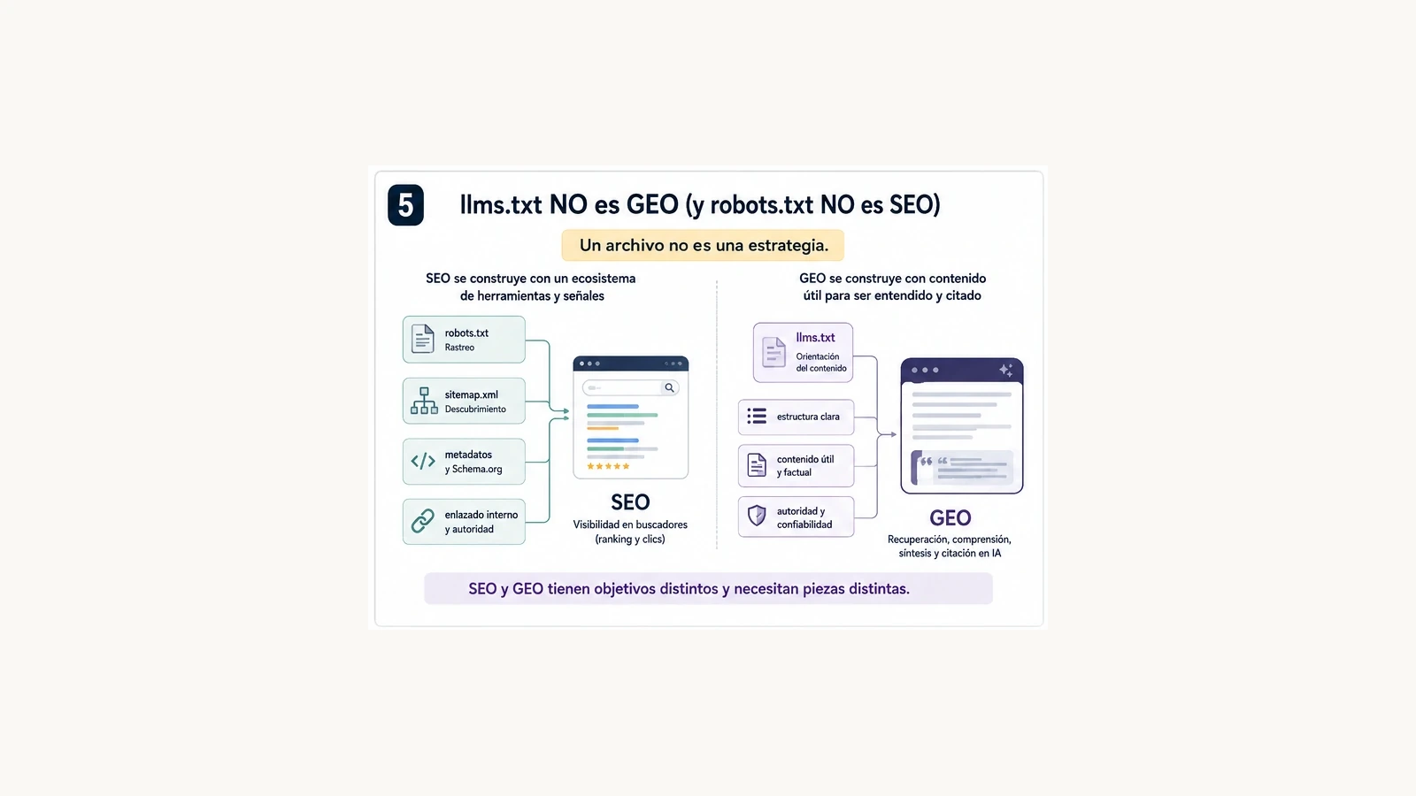 Infografía que explica que llms.txt no equivale a GEO y robots.txt no equivale a SEO.