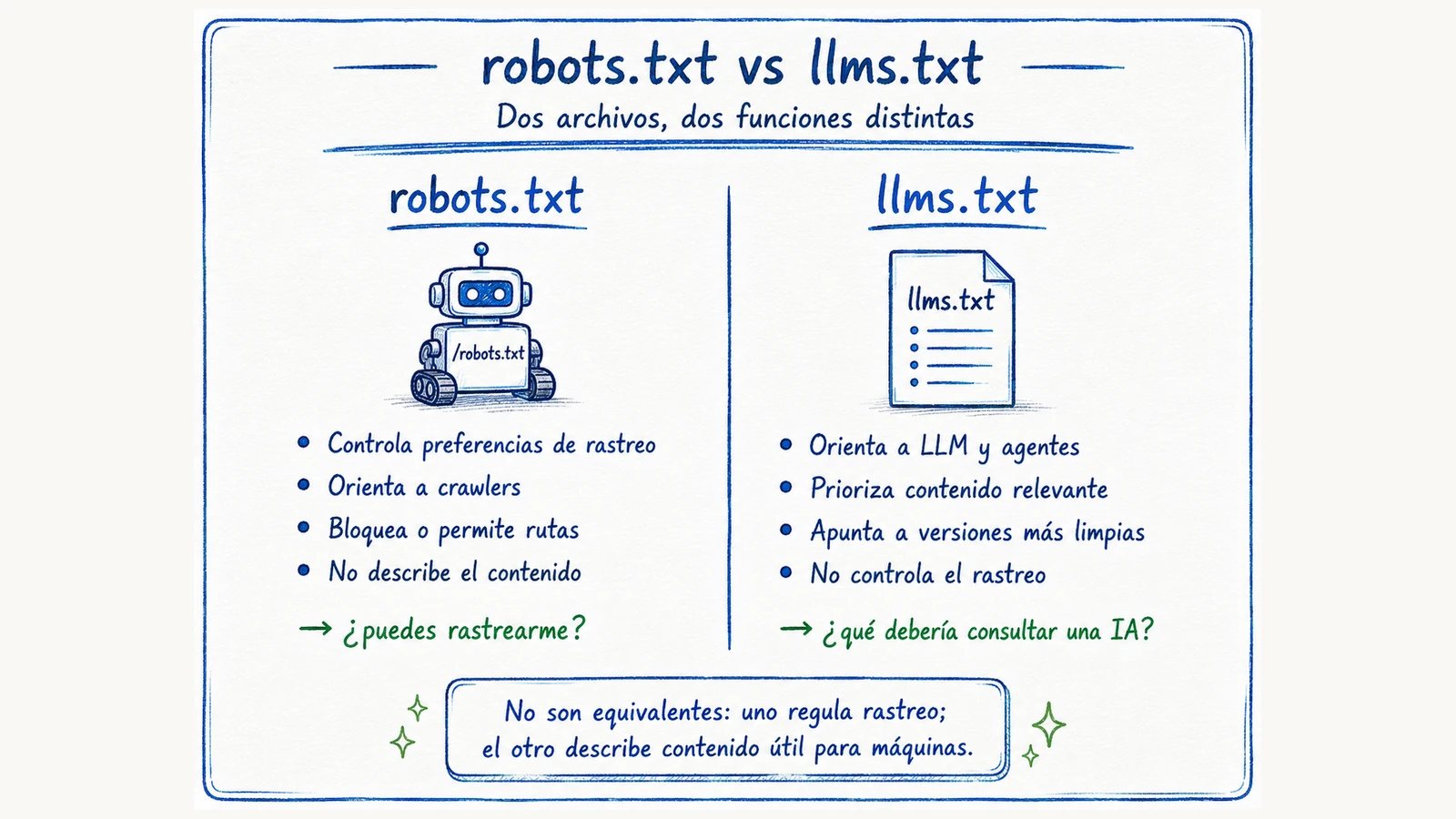 Comparativa visual entre robots.txt para preferencias de rastreo y llms.txt para orientar a modelos de lenguaje.