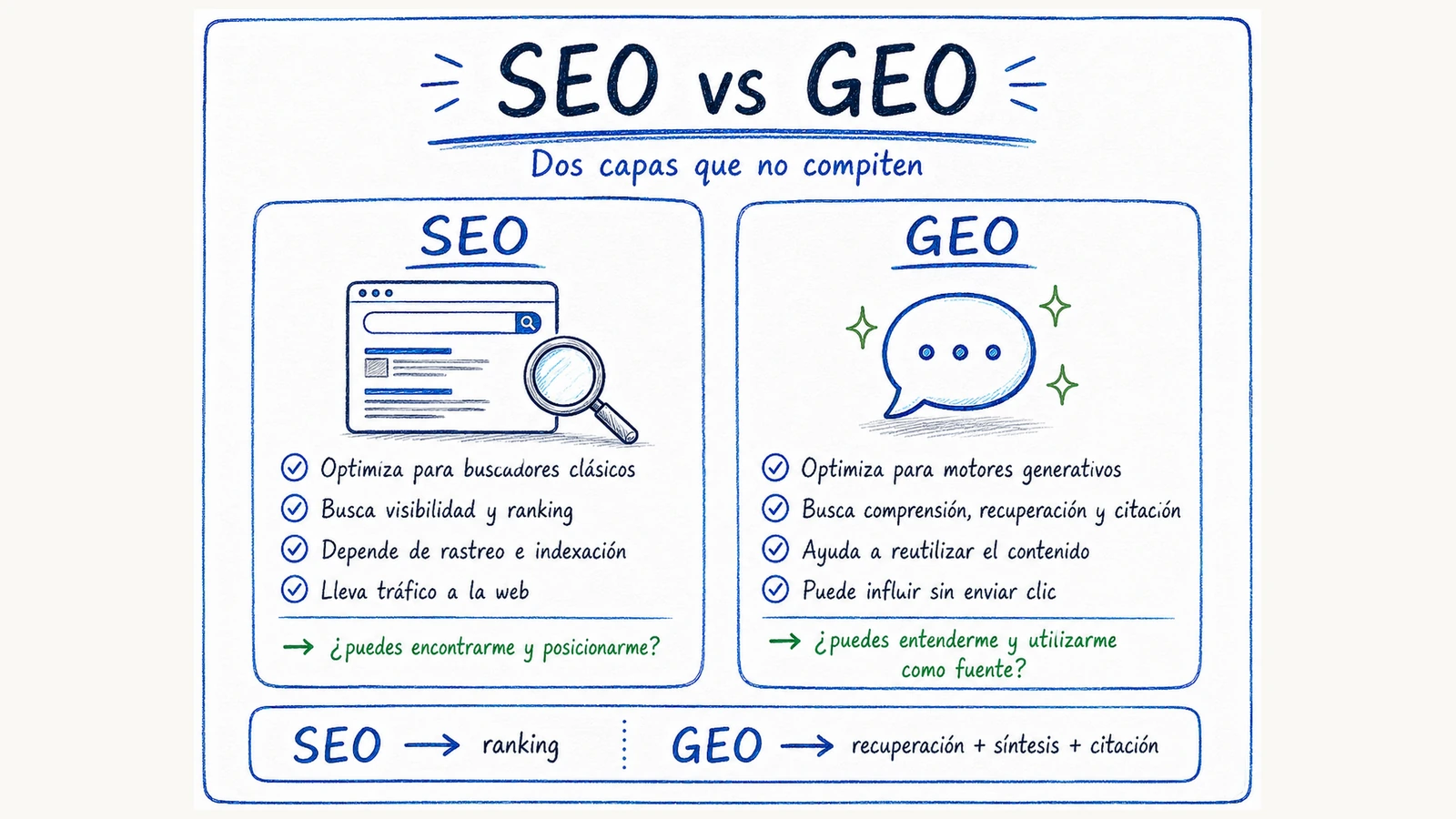 Comparativa entre SEO orientado a ranking en buscadores y GEO orientado a recuperación, síntesis y citación por IA.