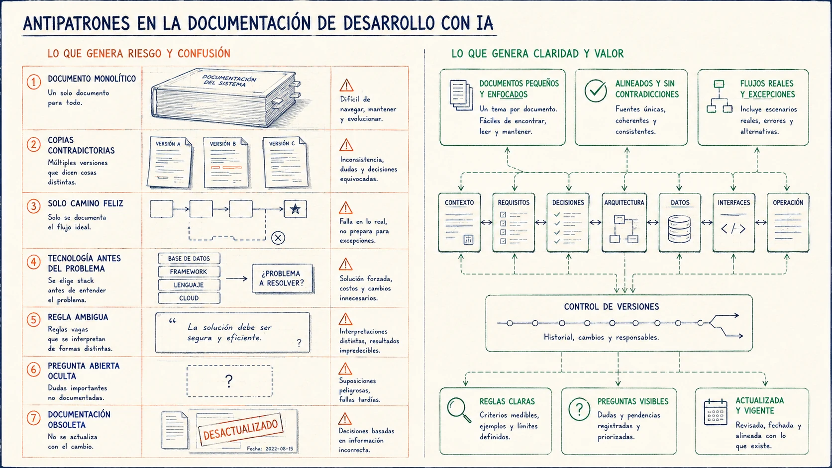 Errores de documentación en proyectos desarrollados con IA Antipatrones de documentación para desarrollo con IA como documento gigante, contradicciones, camino feliz y reglas vagas
