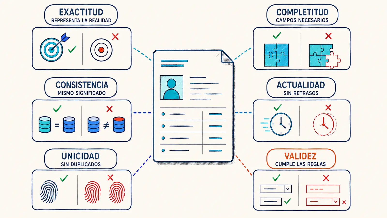 Dimensiones medibles de calidad de datos Registro central sometido a controles de exactitud, completitud, consistencia, actualidad, unicidad y validez
