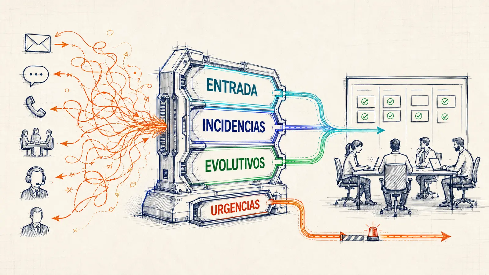 Canales caóticos de peticiones (correo, chat, llamadas, reuniones) ordenados en un único canal de entrada clasificado por tipo y prioridad antes de llegar al equipo de desarrollo.