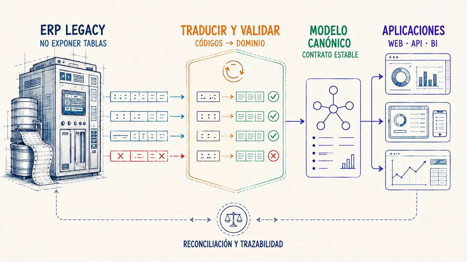 Capa anticorrupción entre un ERP legacy y aplicaciones modernas ERP legacy conectado mediante una capa de traducción y validación a un modelo canónico, una API versionada y aplicaciones modernas