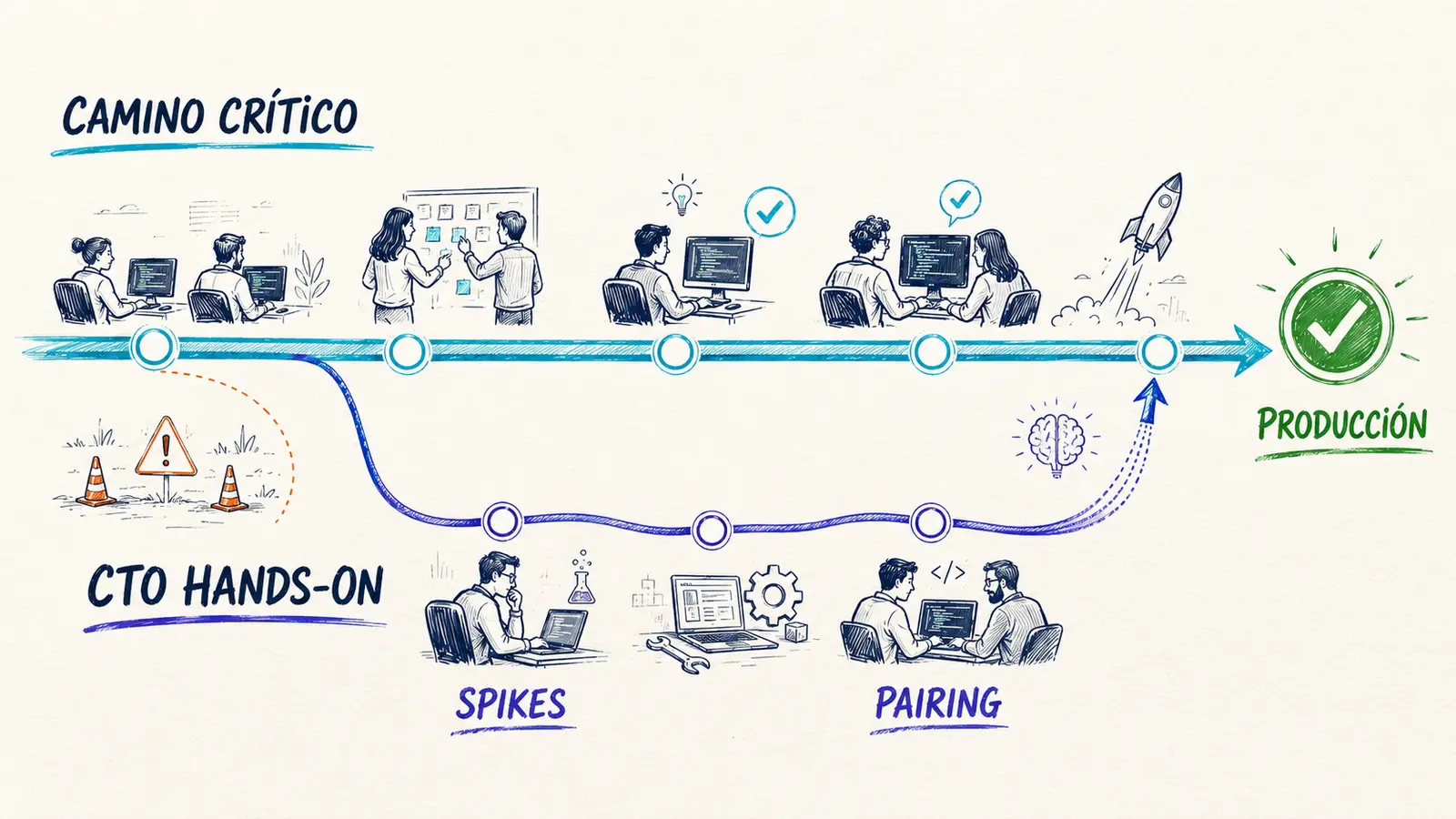 Pipeline principal de un equipo de desarrollo avanzando con varias personas mientras el CTO contribuye en una rama lateral de spikes y herramientas internas que nunca bloquea el flujo principal.