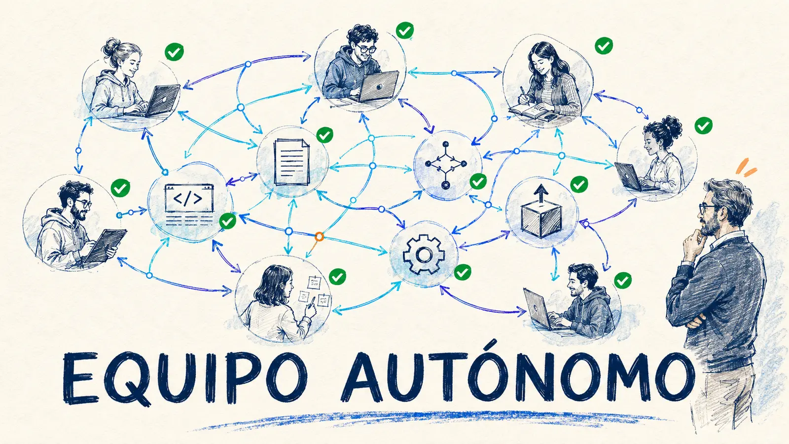 Red de un equipo de software donde los nodos se conectan entre sí y la persona que antes centralizaba todo observa desde un lado sin concentrar las líneas.