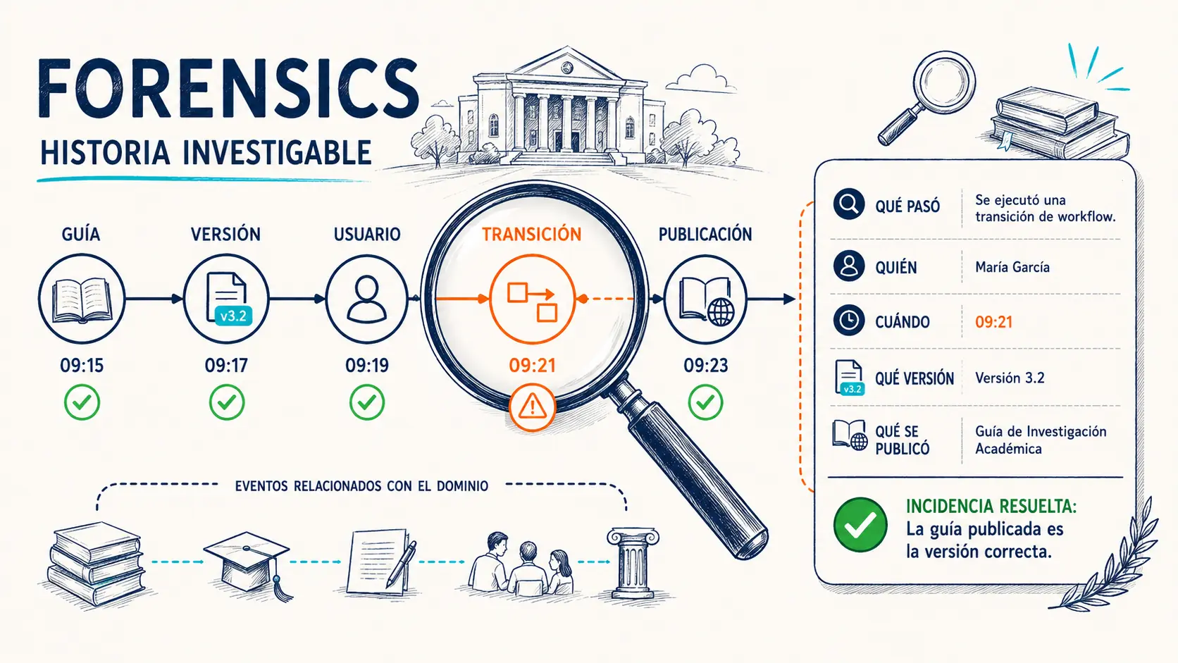 Vista forensics de GuideWizard relacionando guía, versión, usuario, transición y publicación
