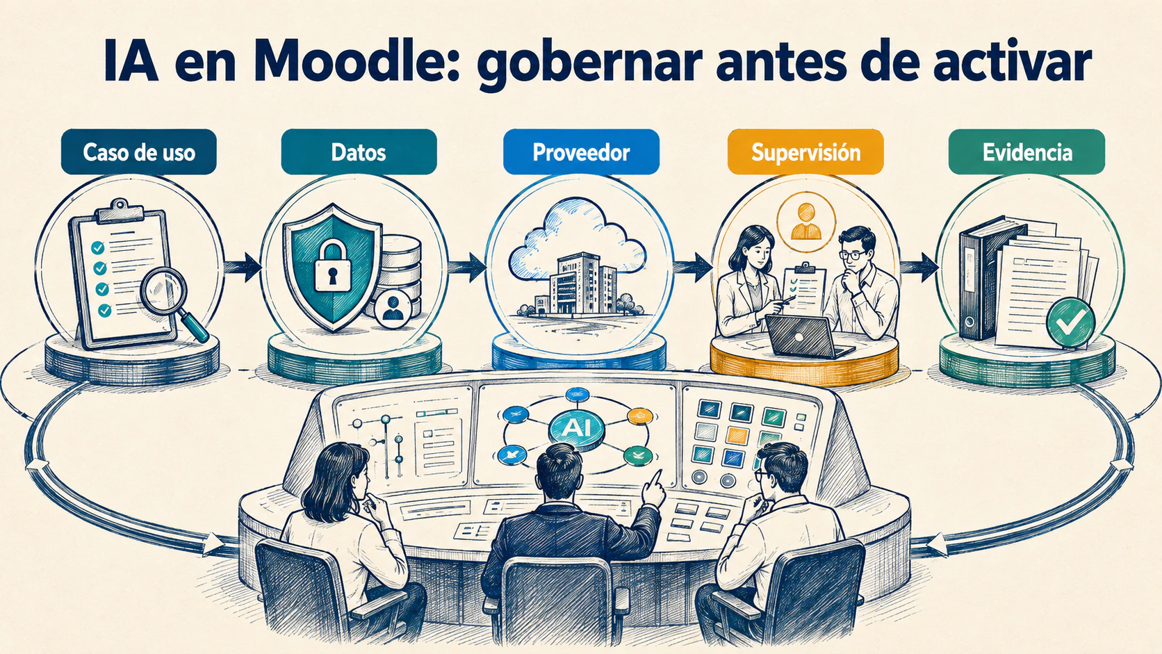 Flujo de gobierno de inteligencia artificial en Moodle: caso de uso, datos, proveedor, supervisión humana y evidencia